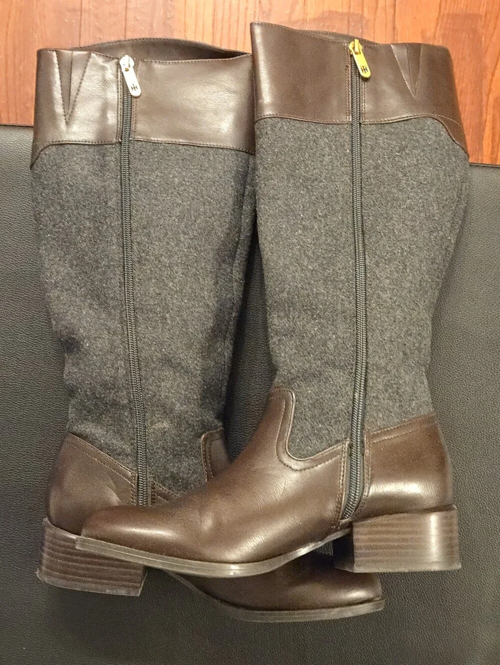 Tommy Hilfiger Brown Leather & Charcoal Wool Tall Riding Boots Size 7.5